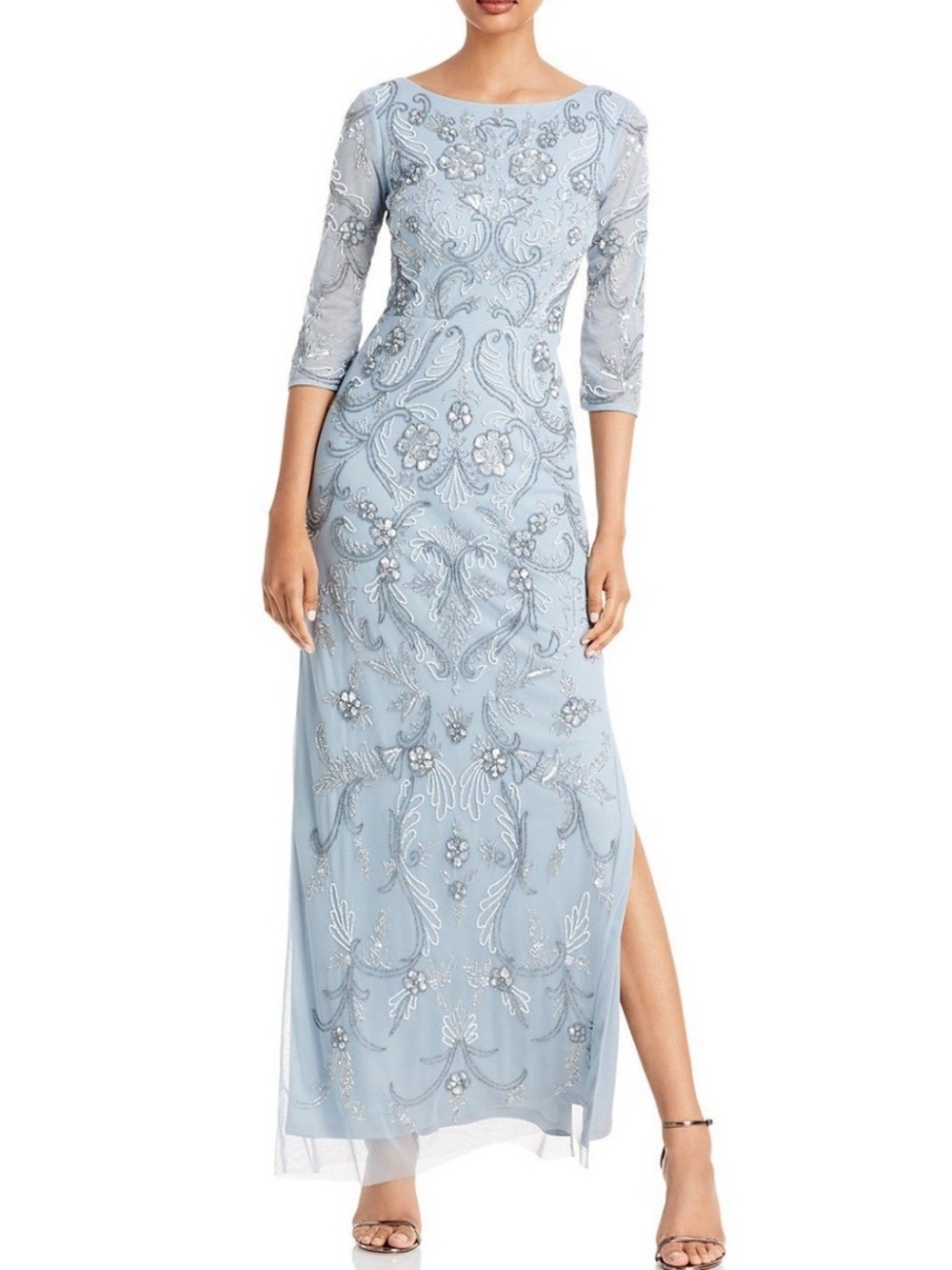 AIDAN MATTOX Light Gray Beaded Boatneck dress/gown